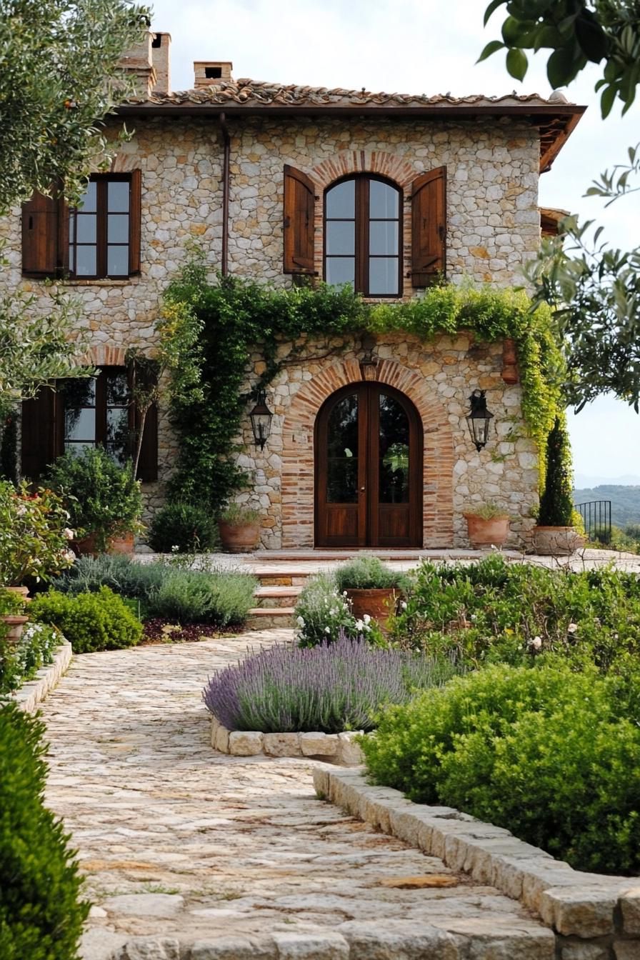 modern Tuscan mediterranean house stone facade with wooden arched doorway lush Tuscany garden 2