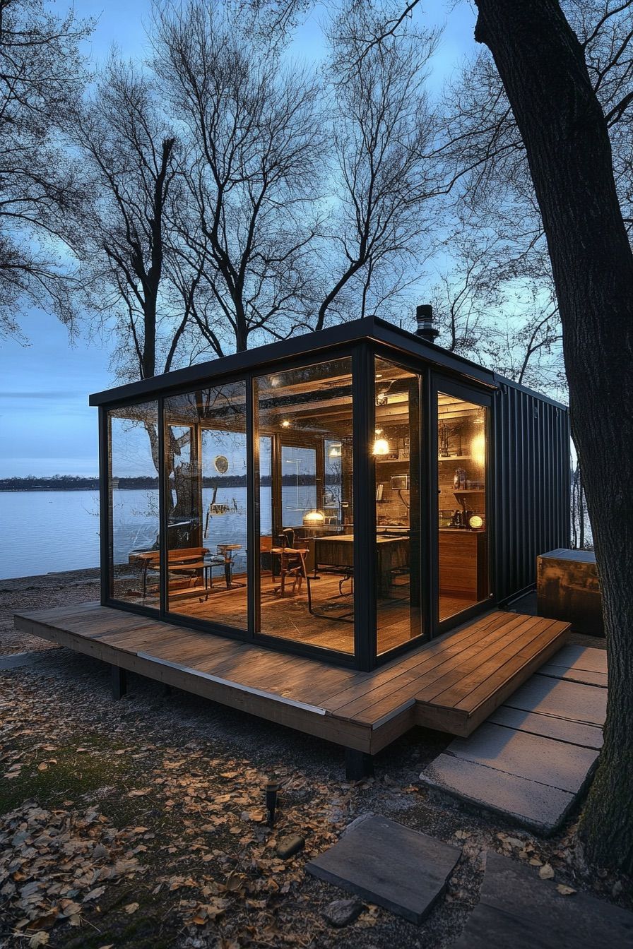 shipping container cabin glas walls lakeside 2