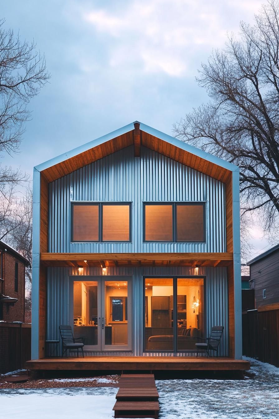 modern prefab small house facade with corrugated iron siding and exposed beam porch urban neighborhood 3