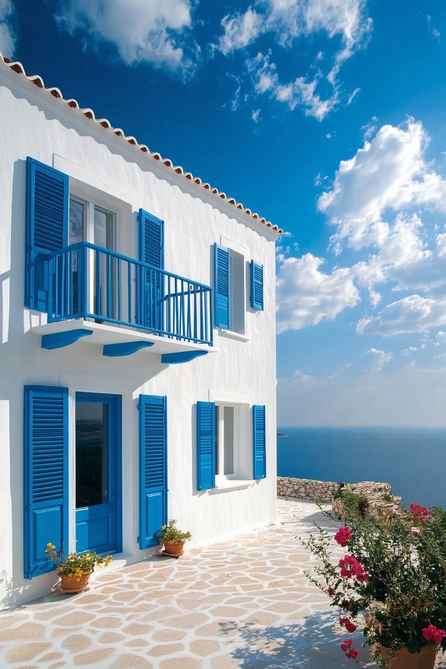 small modern mediterranean house Greek style blue shutters sea view