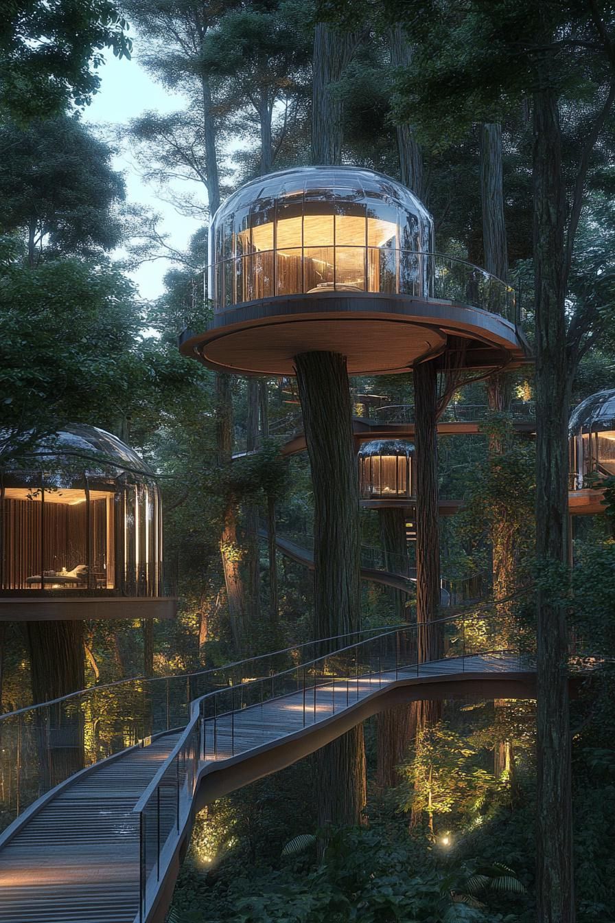 Treehouse Village Interconnected By Rope Bridges