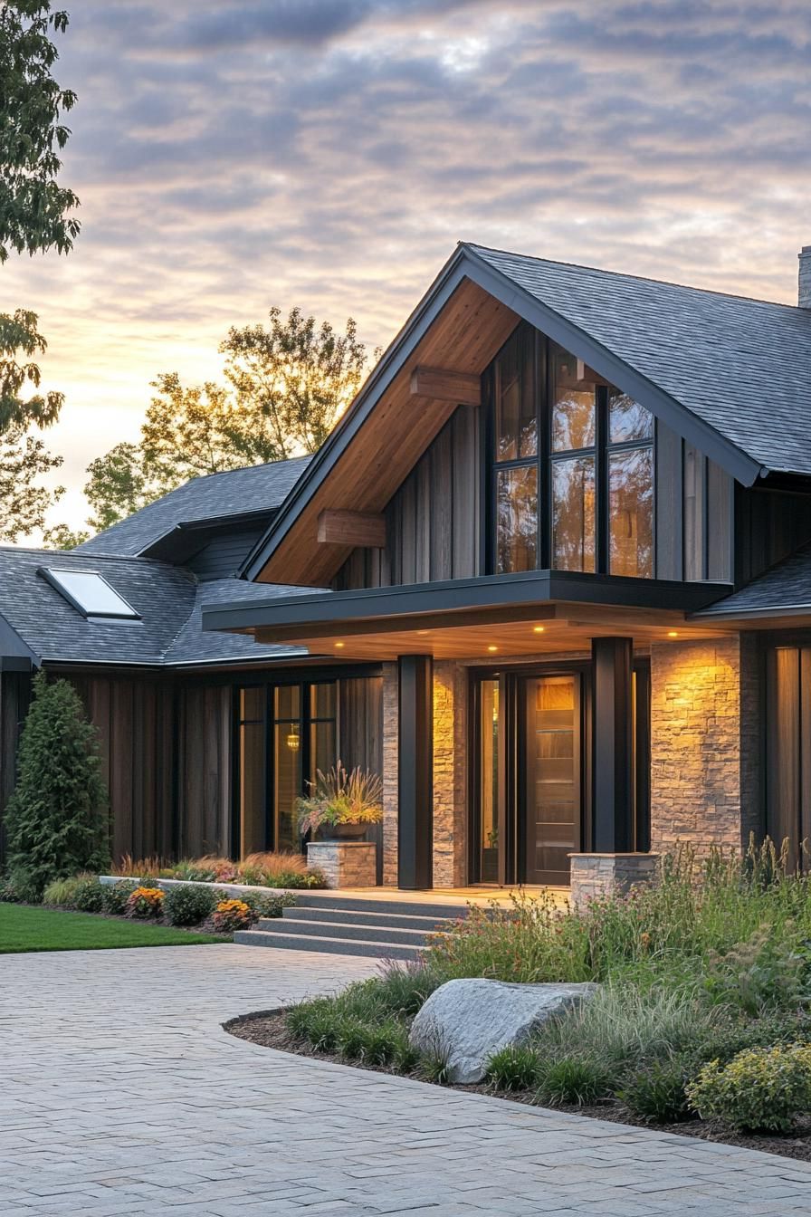modern ranch house symmetric facade multi pitched roof board and batten siding