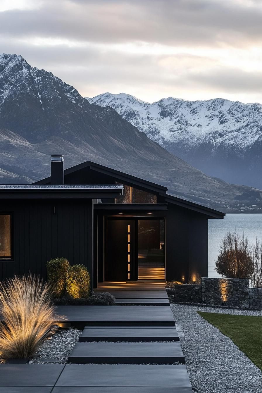 modern matte black house facade with glossy black trim mountains and a lake in the background 3