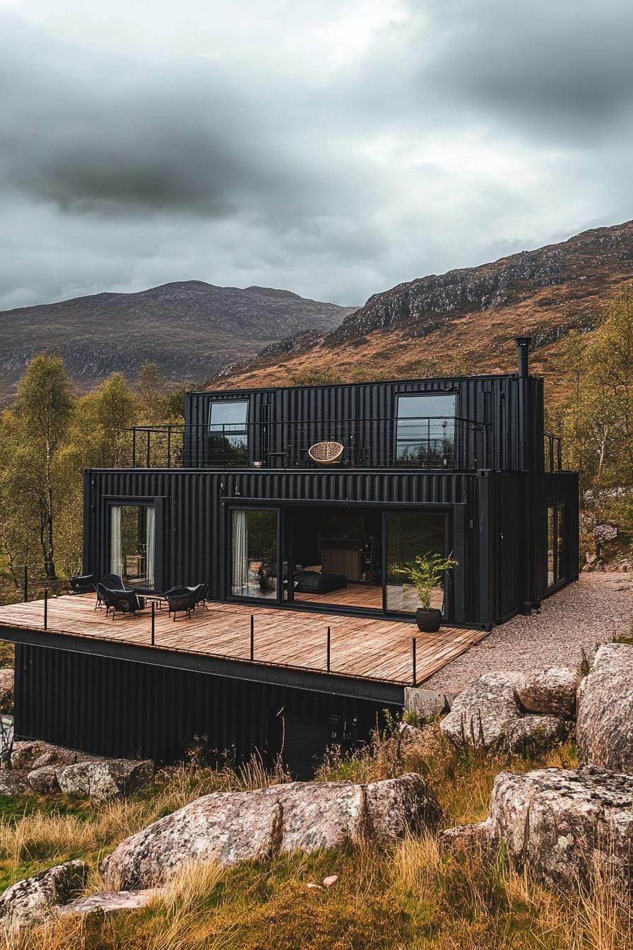 modern black shipping container house in stunning Scottish mountains
