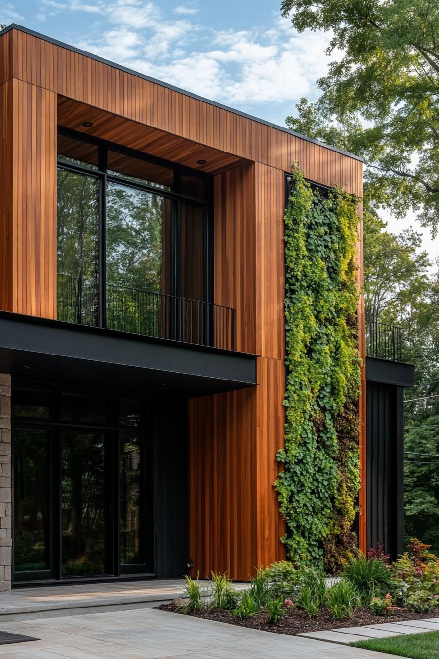 modern wood house textured wood facade with vertical greenery