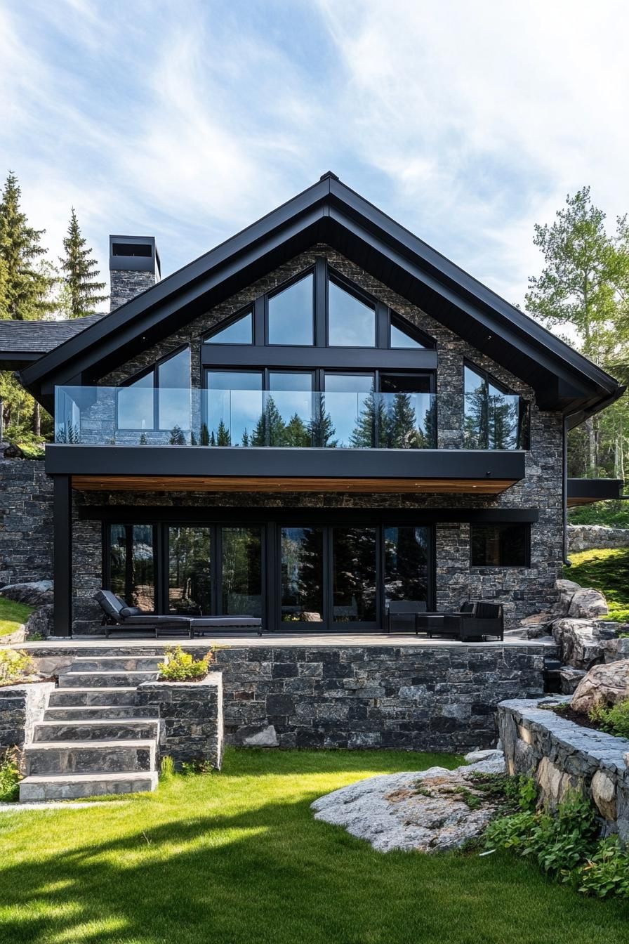 modern mountain house with dark stone facade and black beams with stunning lake mountain views 3