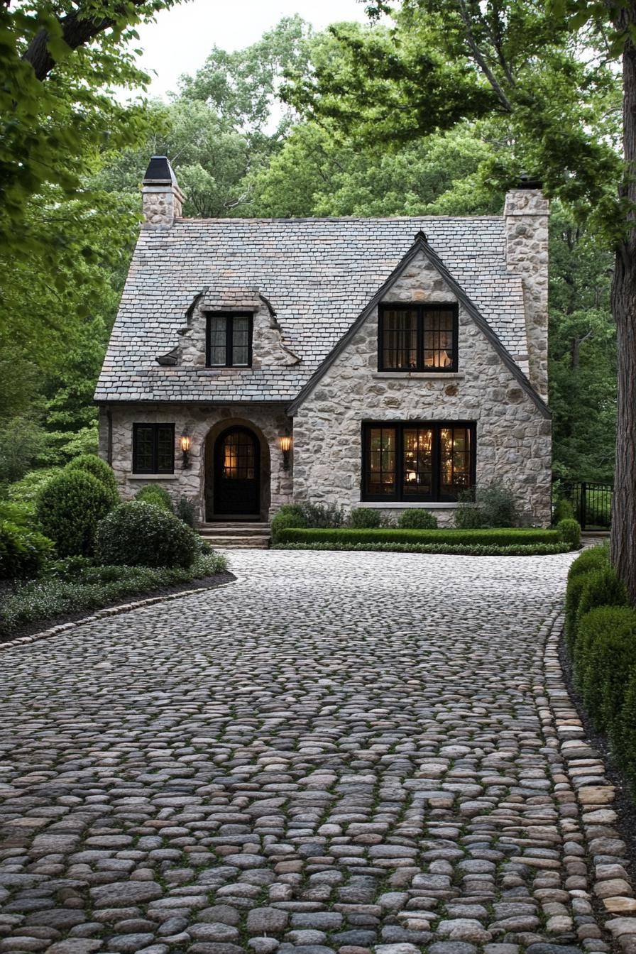 modern English cottage front yard with cobblestone driveway lined with trees