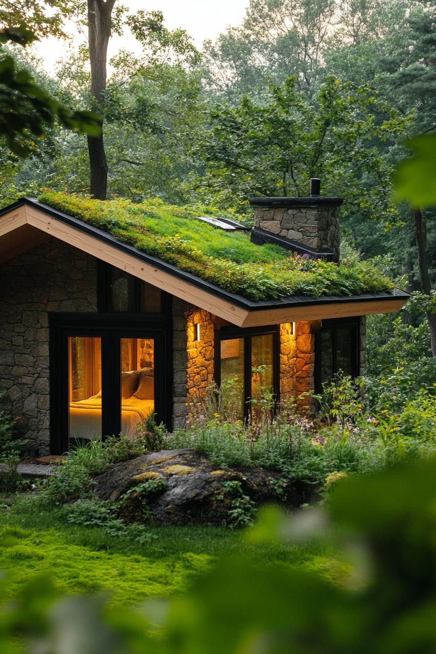 tiny modern bohemian style house with green living roof in a forest enclave