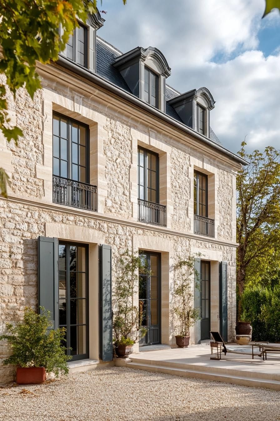 modern French country house facade earthy colors with modern art color accents 3