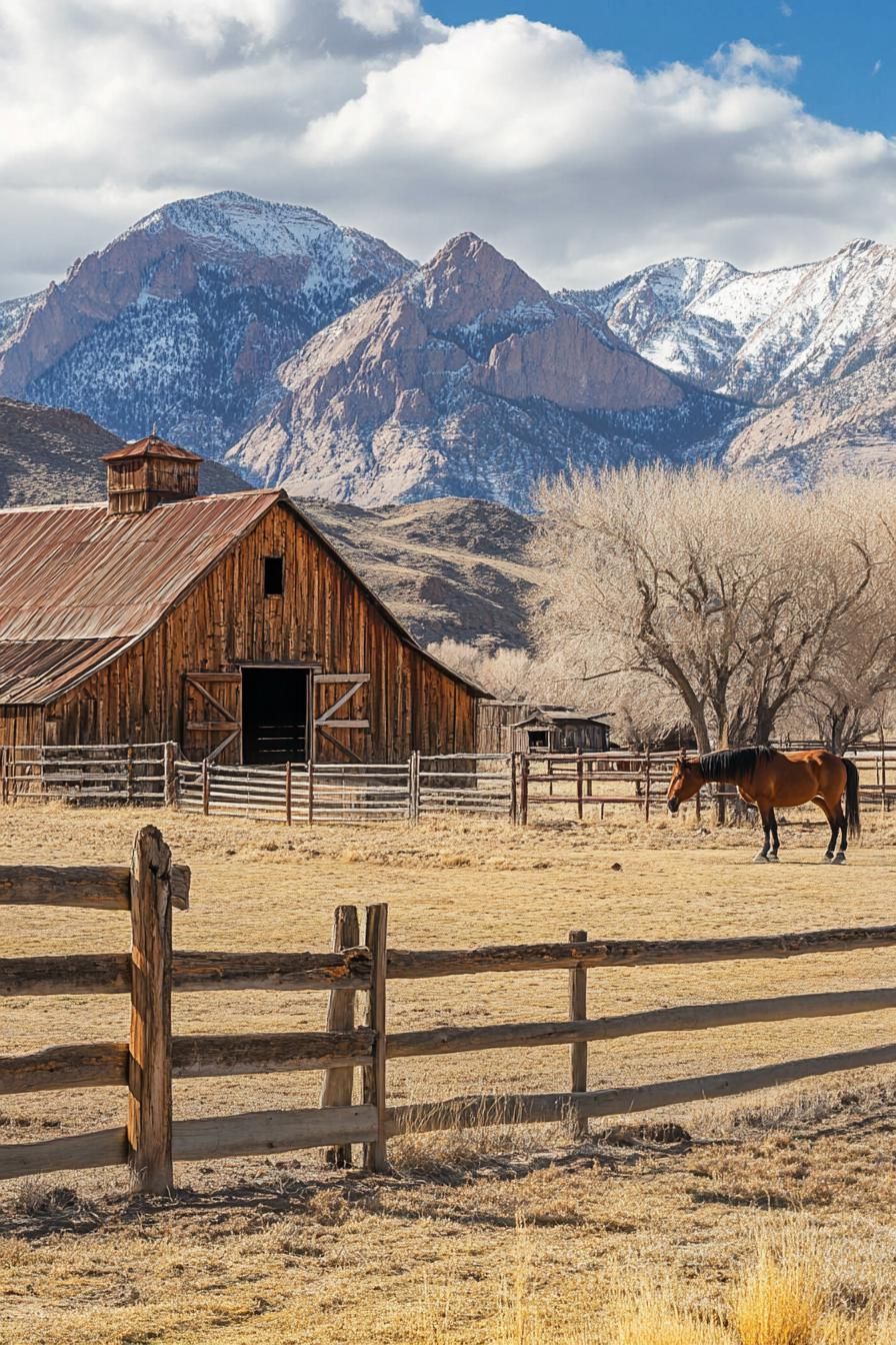 ranch barn building with rustic fences and horses arid mountains 1
