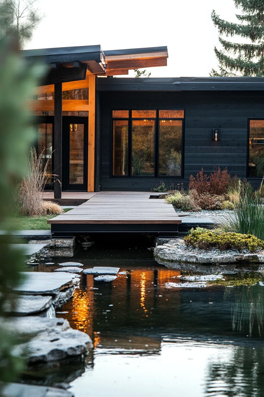 modern ranch house with rustic siding with bridge style atrium over a pond 2