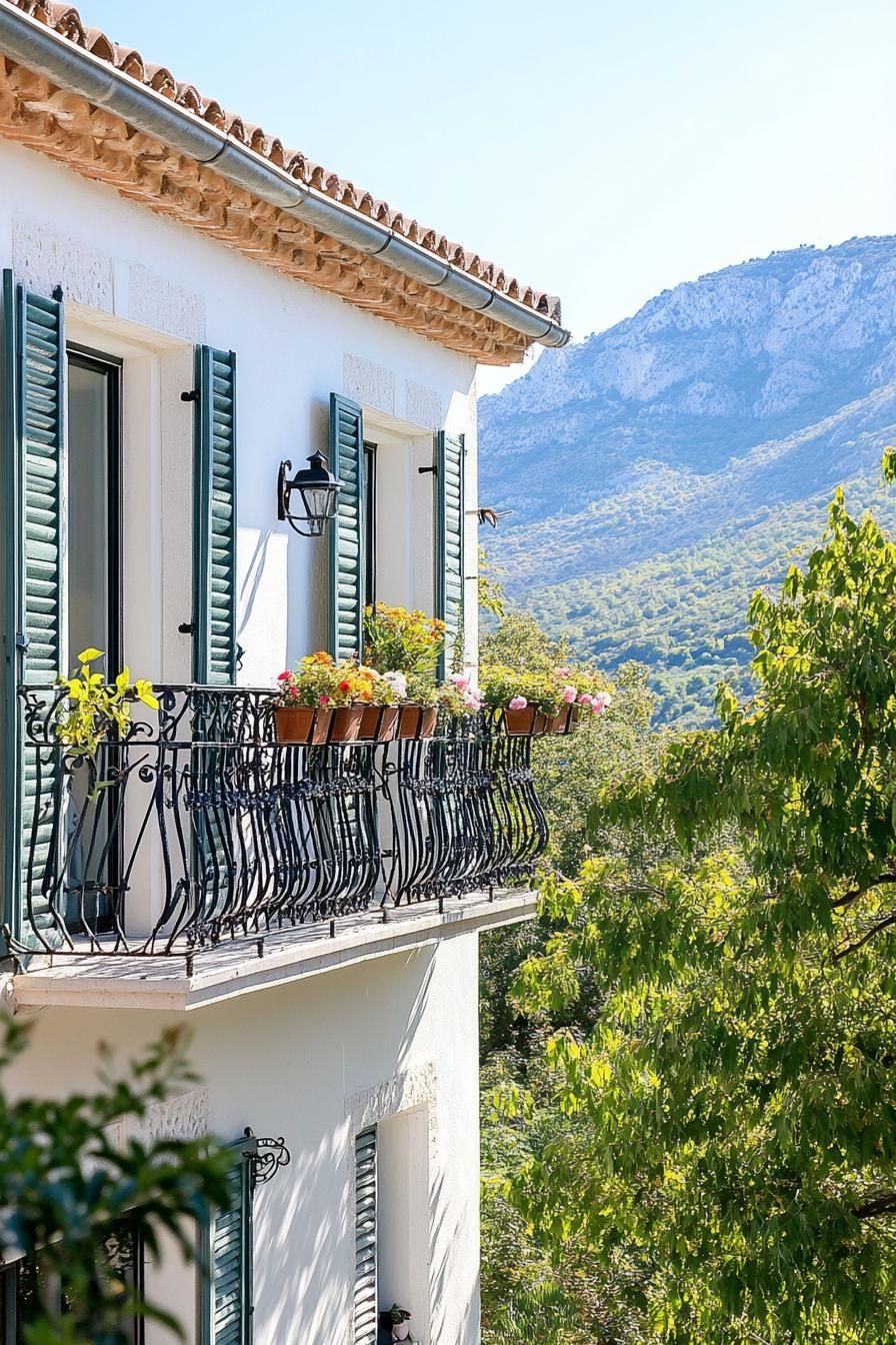 small modern mediterranean house facade with iron balconies mountian view 2