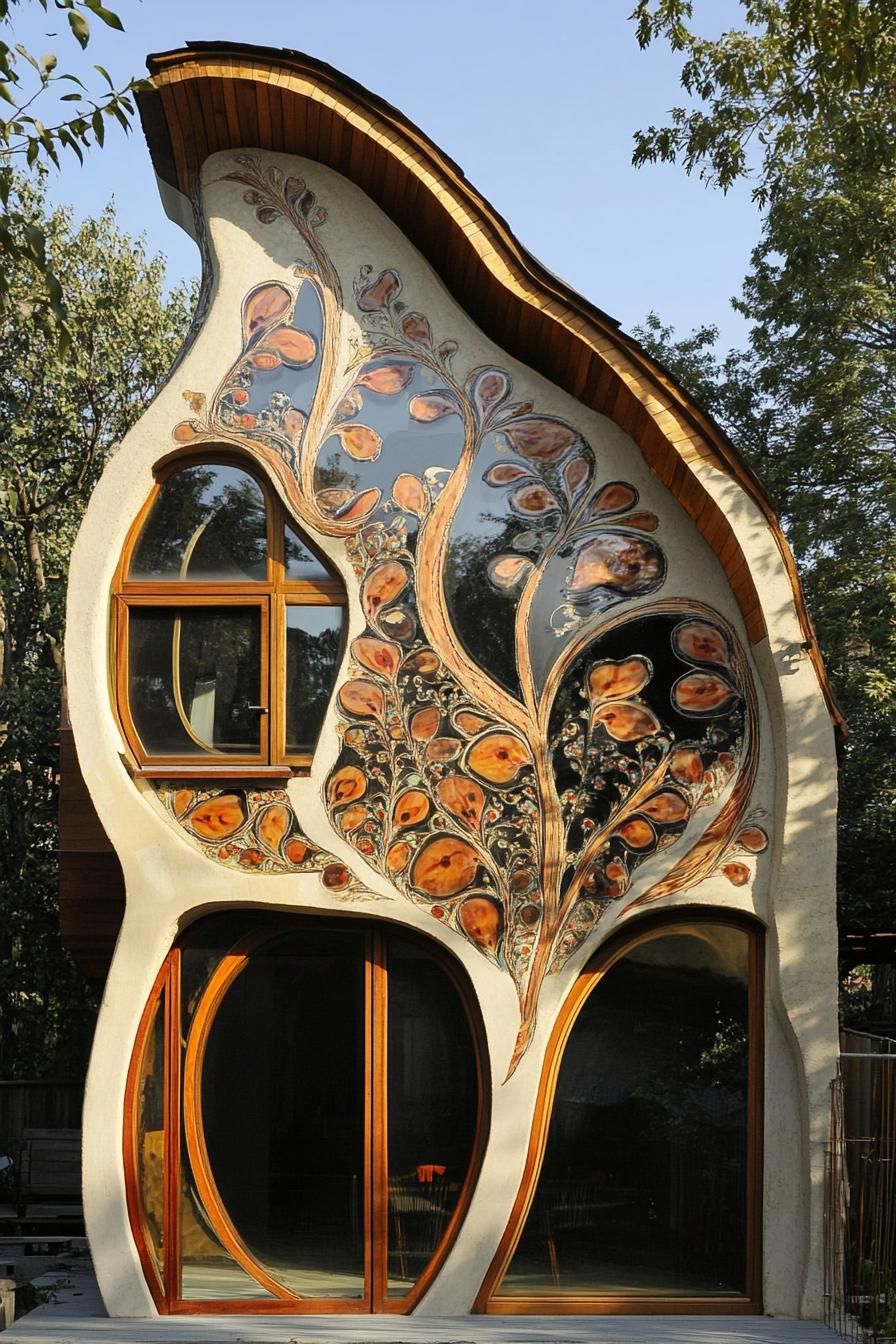 modern cob house facade ith floral pattern exterior