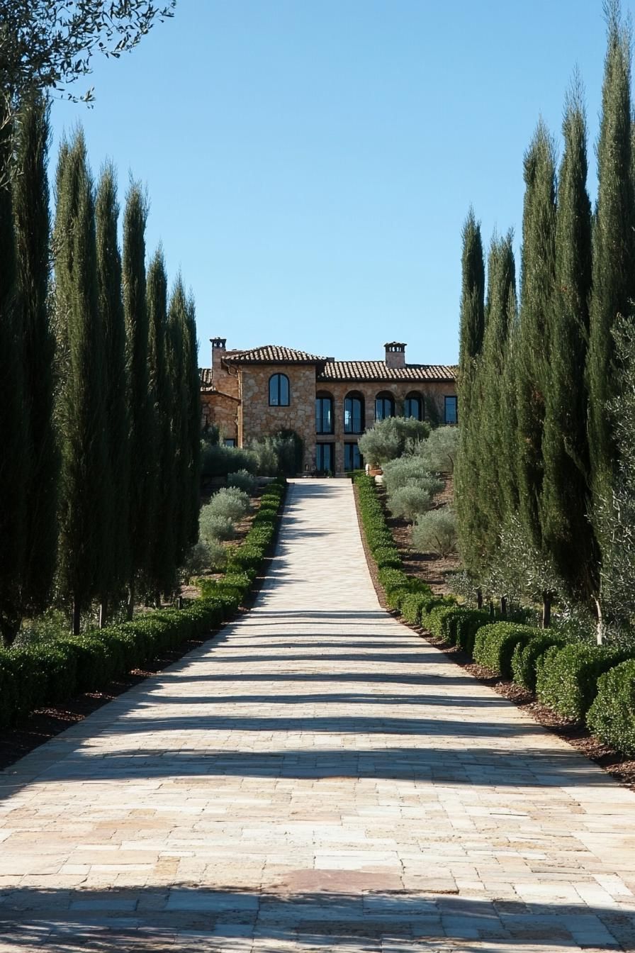 cypress lined driveway leading to a hilltop Tuscan modern manor 3