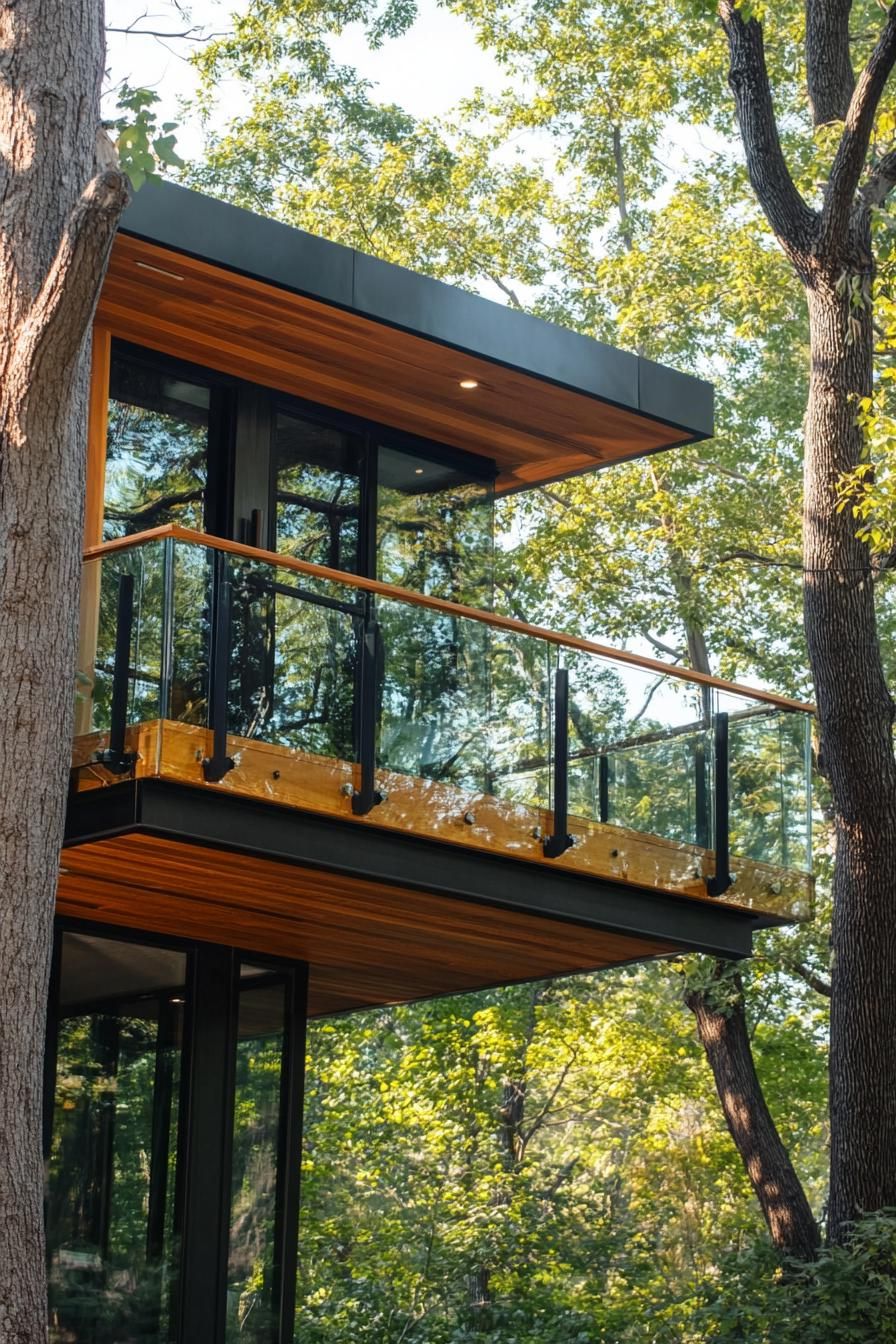modern forest house treehouse facade with glass balcony wrapped around