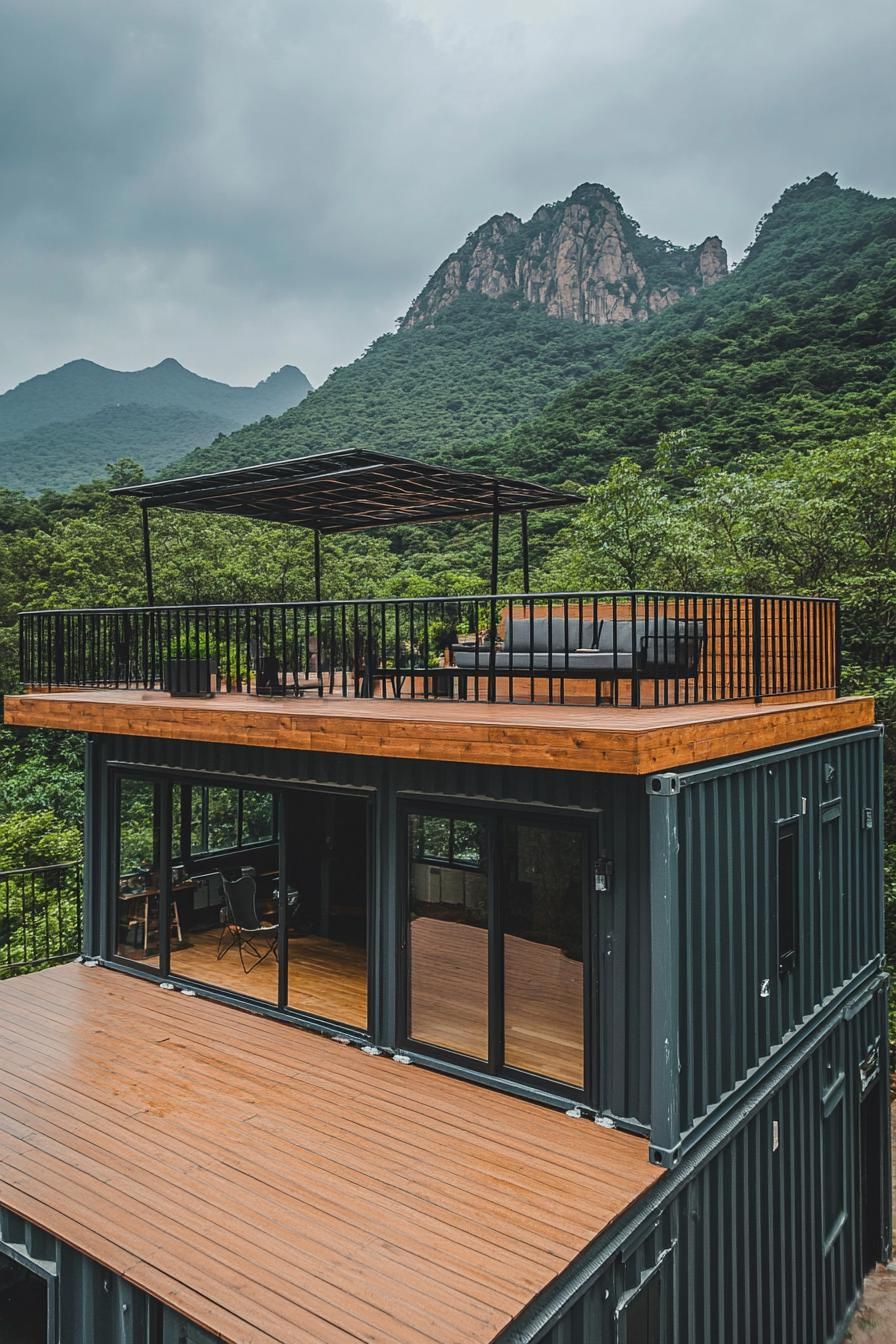 tiny shipping container house with rooftop deck built onto it extending outside as a deck cover mountain range in the background 3