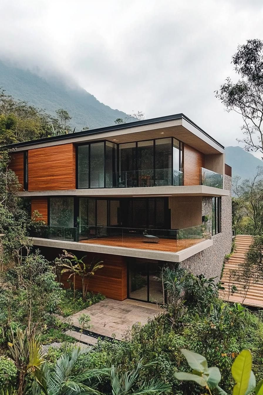modern house on a slope with split level floors and lush mountain views 2