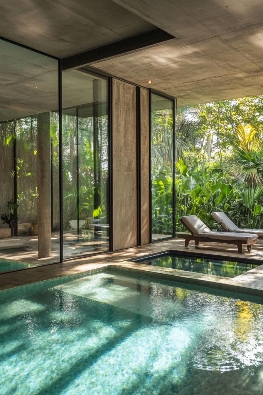 modern home indoor pool with glass walls and door and the pool extending to the outside lush garden outside is visible