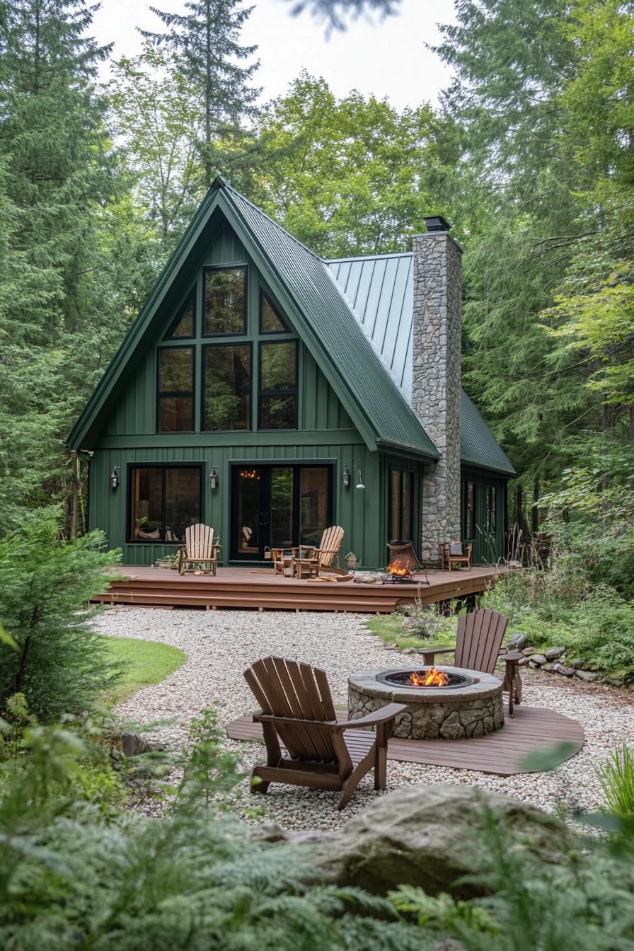 large a frame forest cabin in forest green siding metal roof dark stained wood trim large windows small wooden deck fine gravel yard with a 2