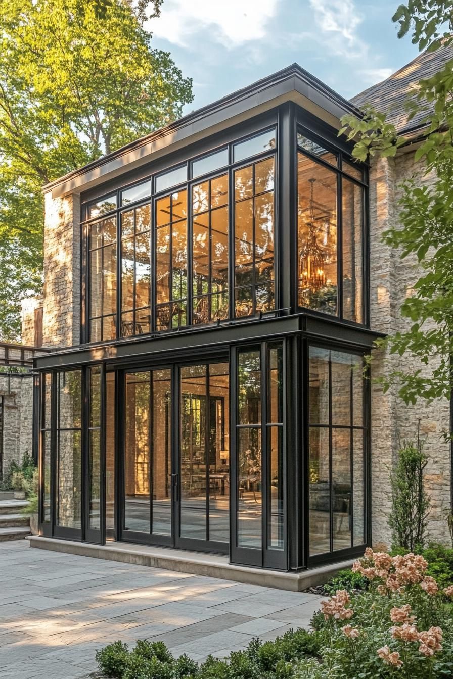 mid century modern and antique style house glass facade with wrought iron details 2