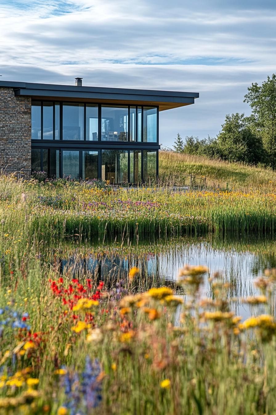 modern house with large windows on a hill overlooking a small lake surrounded by wildflower meadows 2