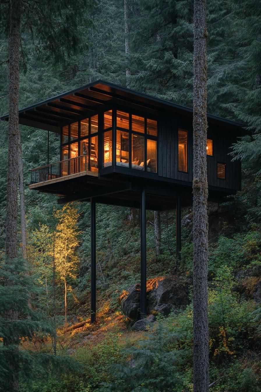 modern mountain forest cabin on stilts overlooking evergreen treetops of lush forest 3