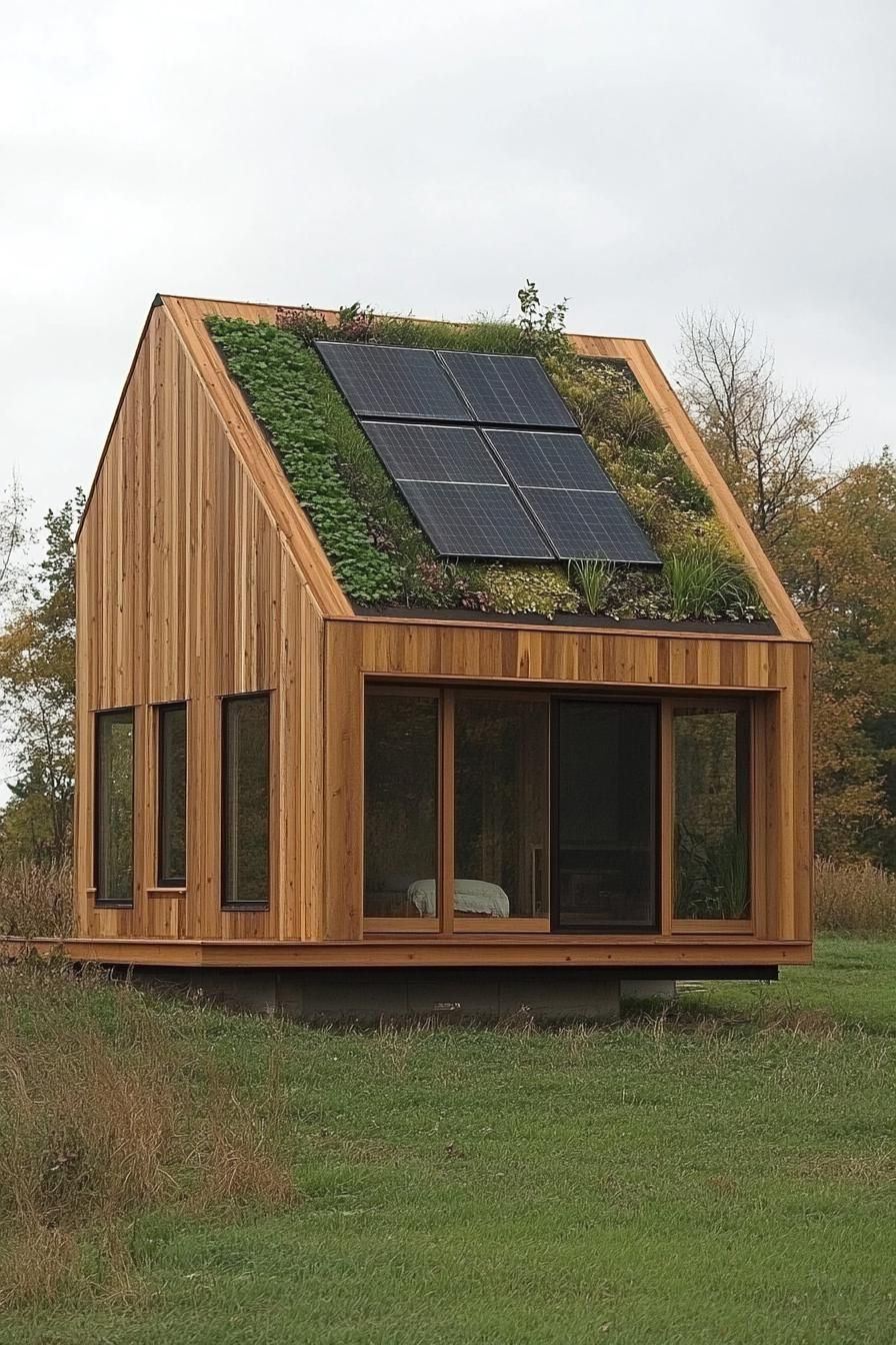modern prefab small house barn style facade with all wood siding and roof green living wall solar panels on roof in an open field 3