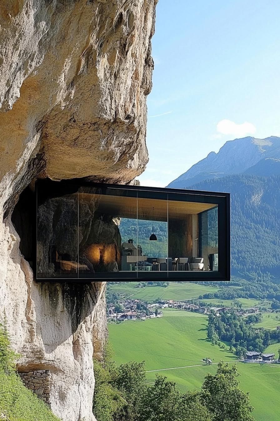 modern cave house inside a cliff glass facade overlooking stunning alpine landscape 2