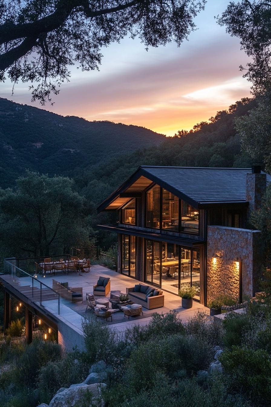 modern barn style house with wraparound porch with outdoor furniture on a hill surrounded by forrest with sunset view 2
