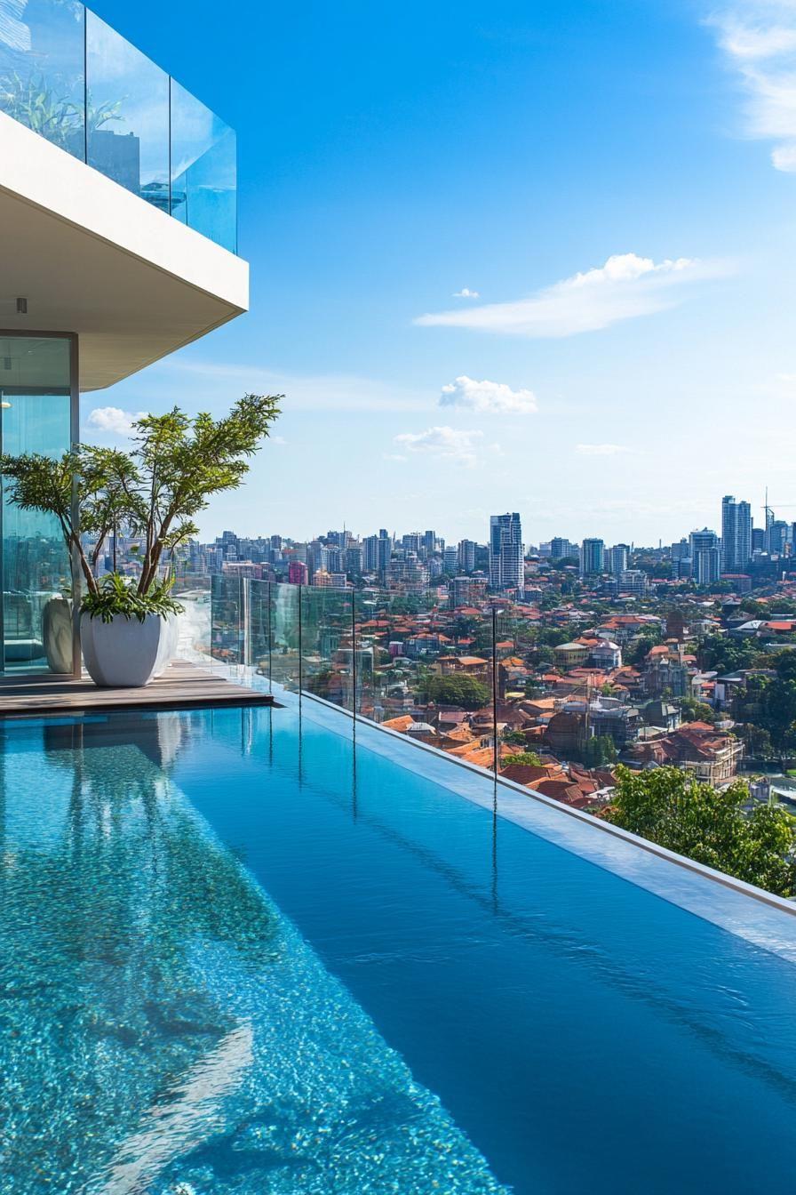modern rooftop pool with glass railings overlooking a city 2