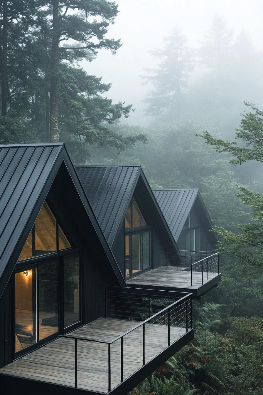 two connected modern a frame houses full glass walls with black roofs wheathered grey wood shared deck with steps and with black metal railings 3
