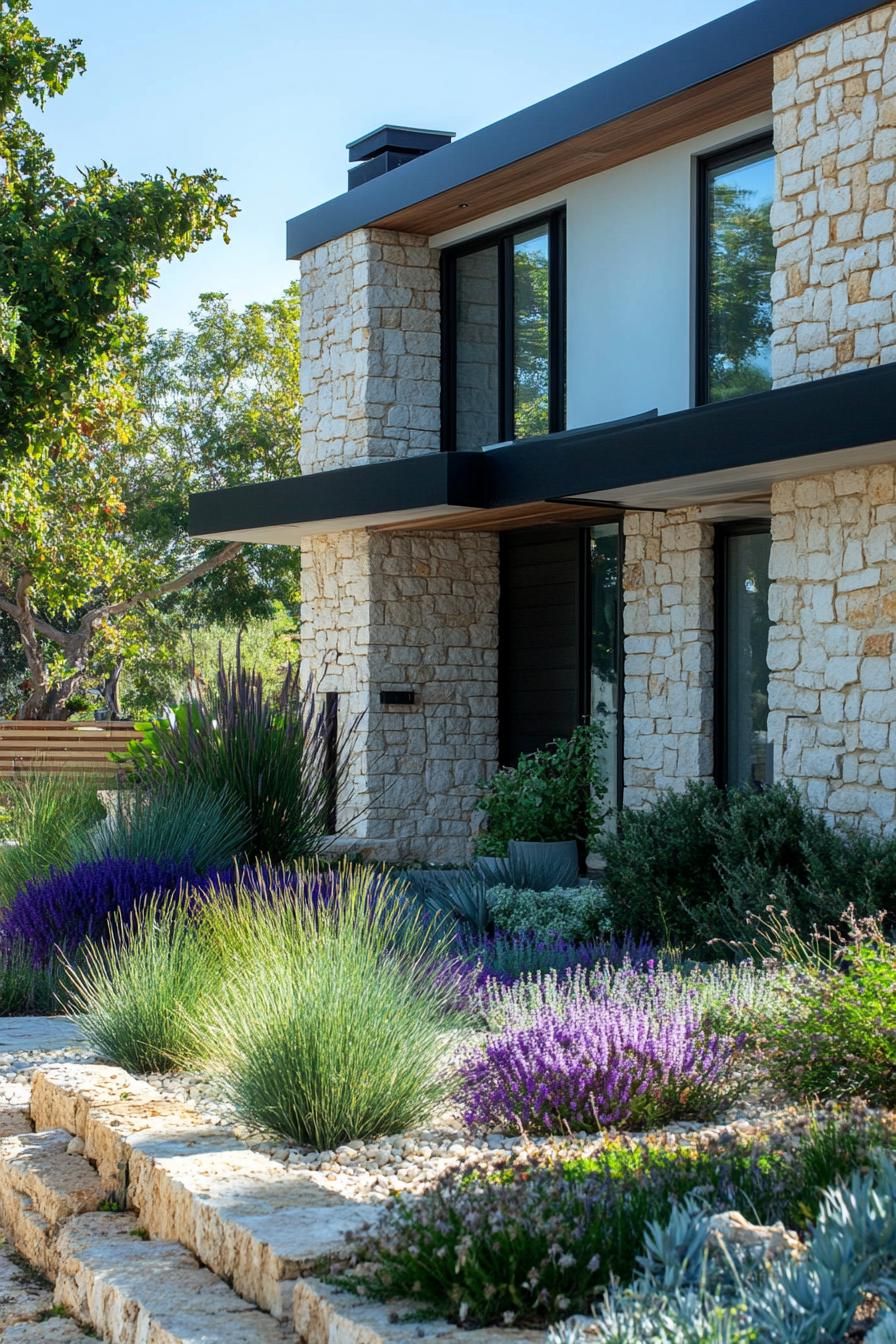 modern terrace house facade with rustic stone cladding mediterranean front garden 2