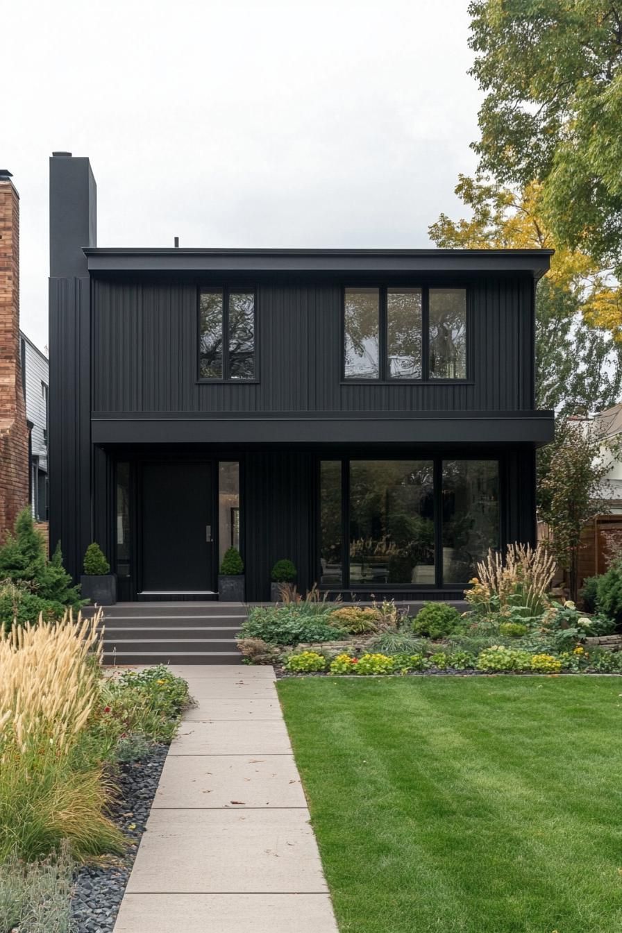 mid century modern black house facade with charcoal black siding 3
