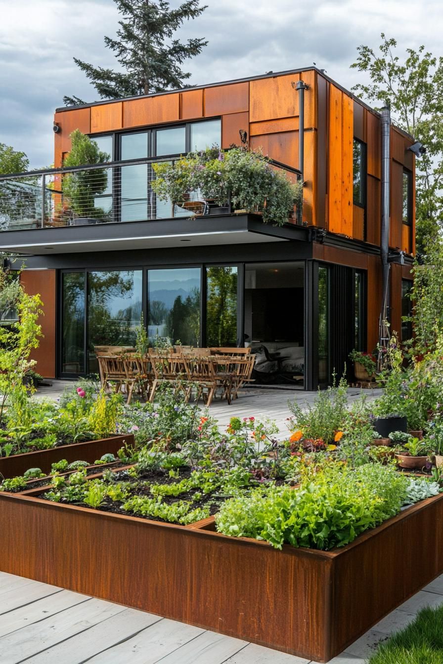 modern house sustainable garden planters with edible plants