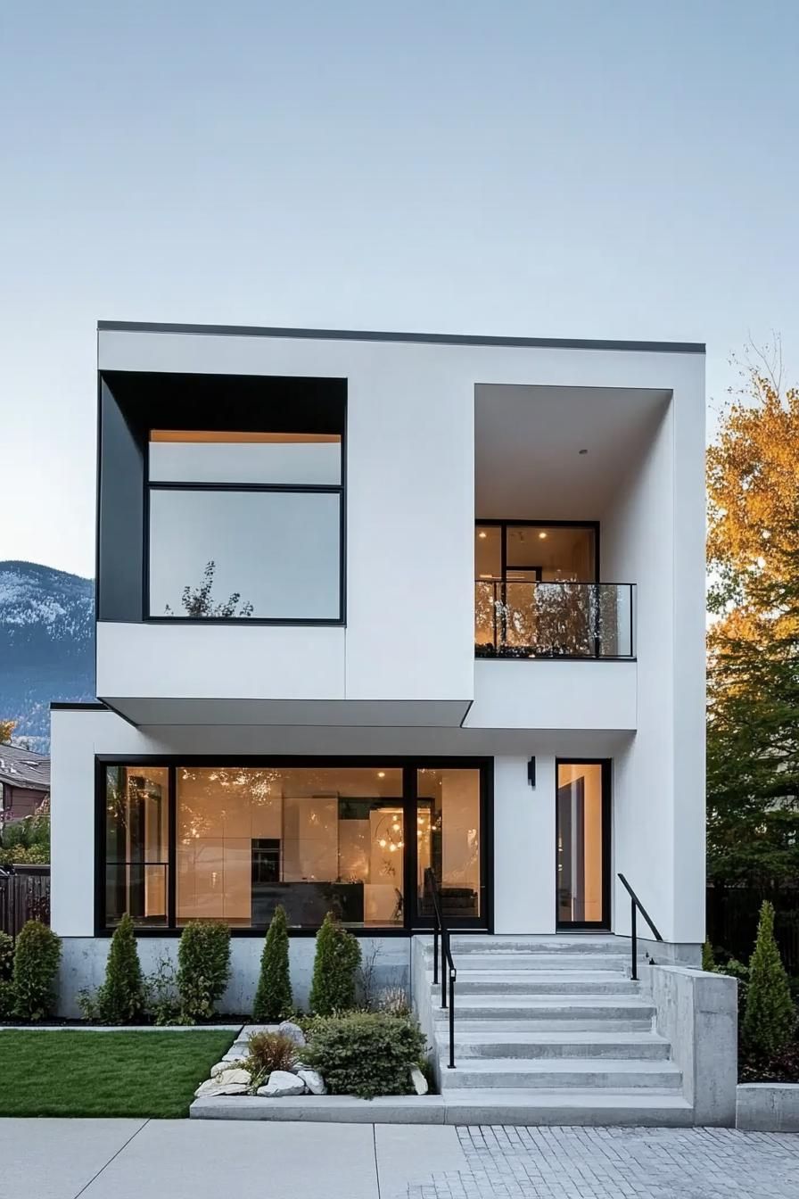 modern cube house white facade with black trim mountain range in the background 2