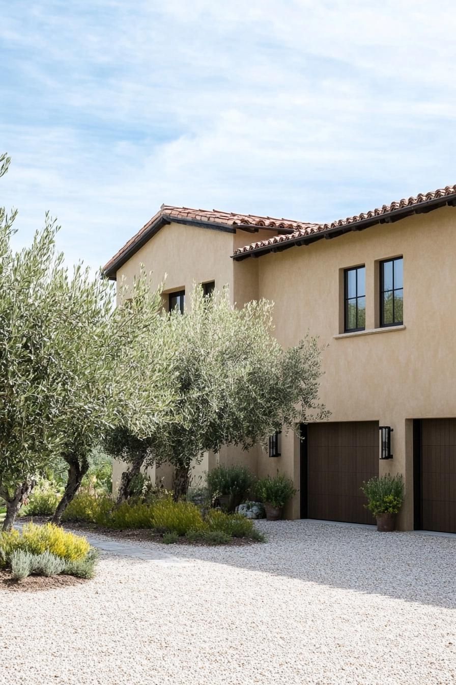modern Tuscan mediterranean house earthy toned stucco facade with modern garage and gravel driveway lined with olive trees 3