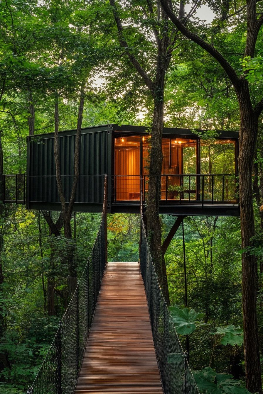 shipping container tree cabin suspended bridge 3