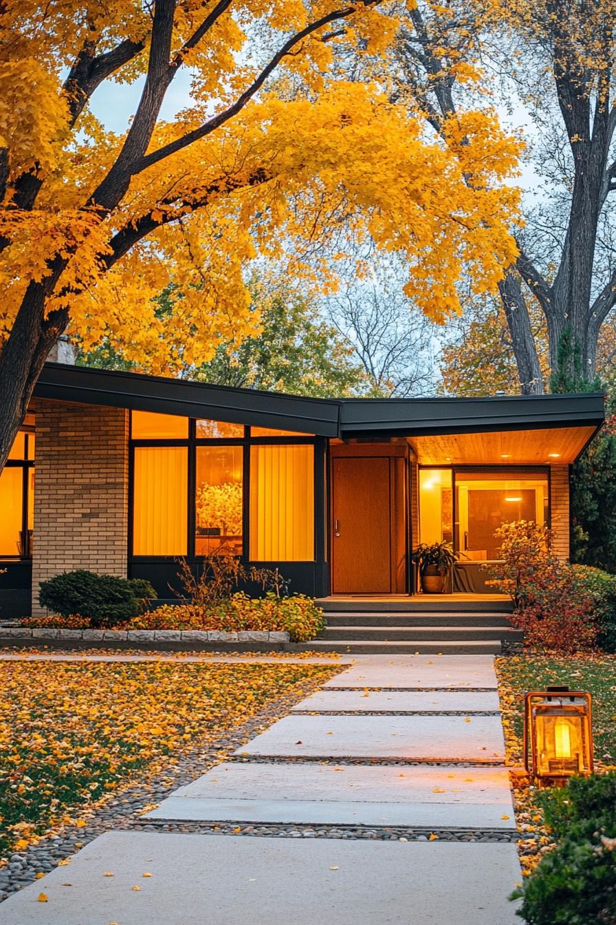 mid century modern and antique style house facade with LED vintage lanterns yard with trees in autumn 3