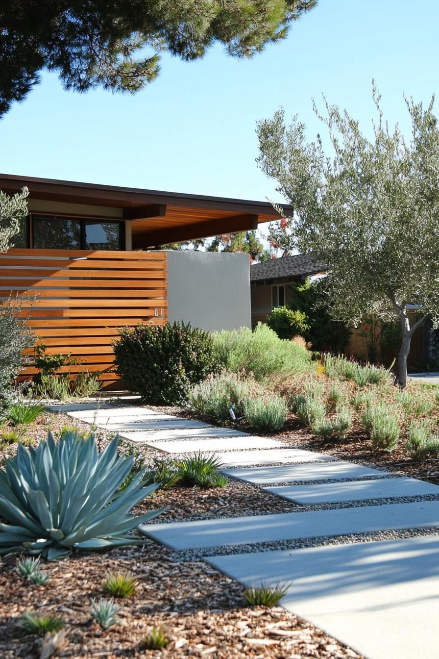 mid century modern house front yard with horizontal slat fence 3