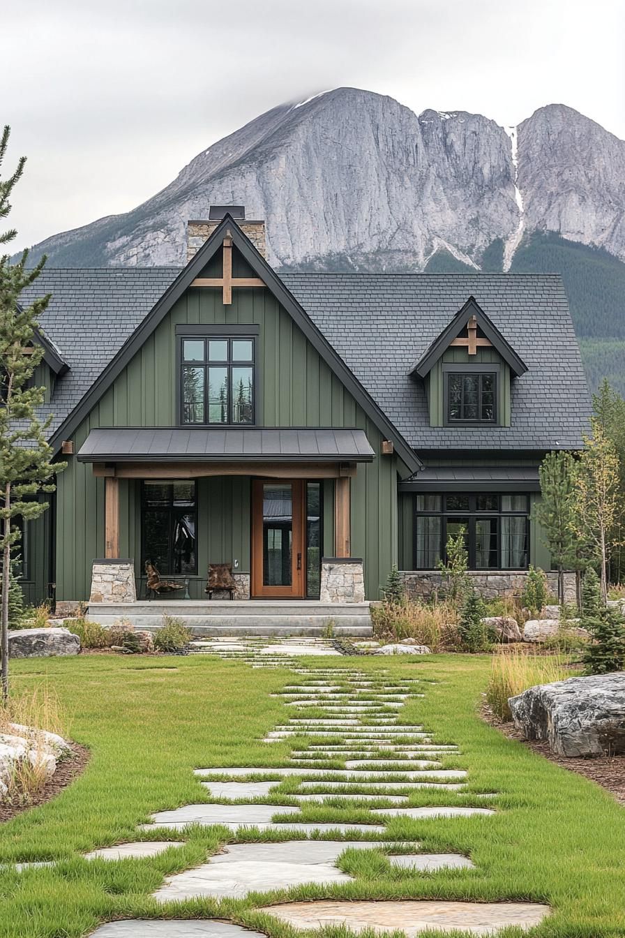 modern cottage style mountain house facade in sage green board and batten siding dark wood accents multi pitched roof with light grey shingles 3