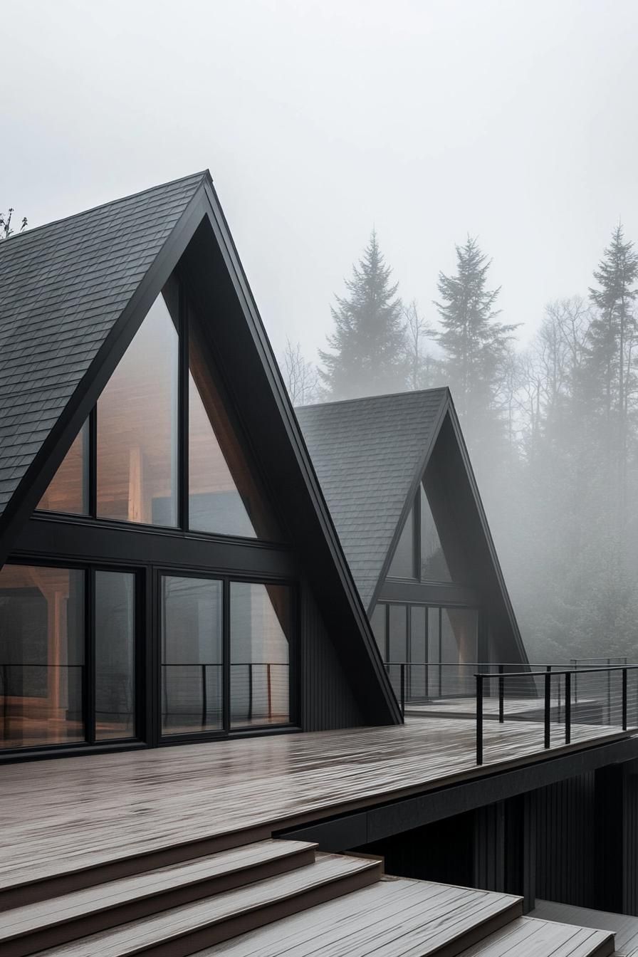 two connected modern a frame houses full glass walls with black roofs wheathered grey wood shared deck with steps and with black metal railings