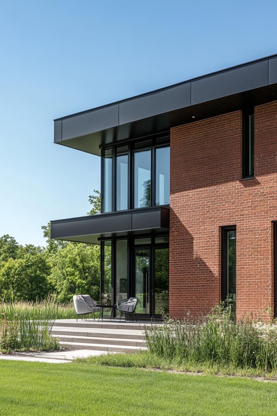 modern prefab small house elongated facade with brick veneer siding dark metal trim flat roof Scandinavian fields 2