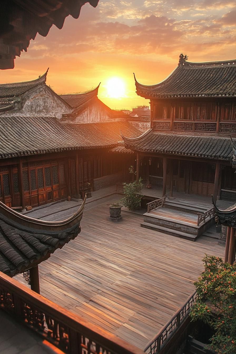 chinese inner courtyard with multi level terraces wooden deck antique chinese building detailing sunset visible over the roof from the courtyard
