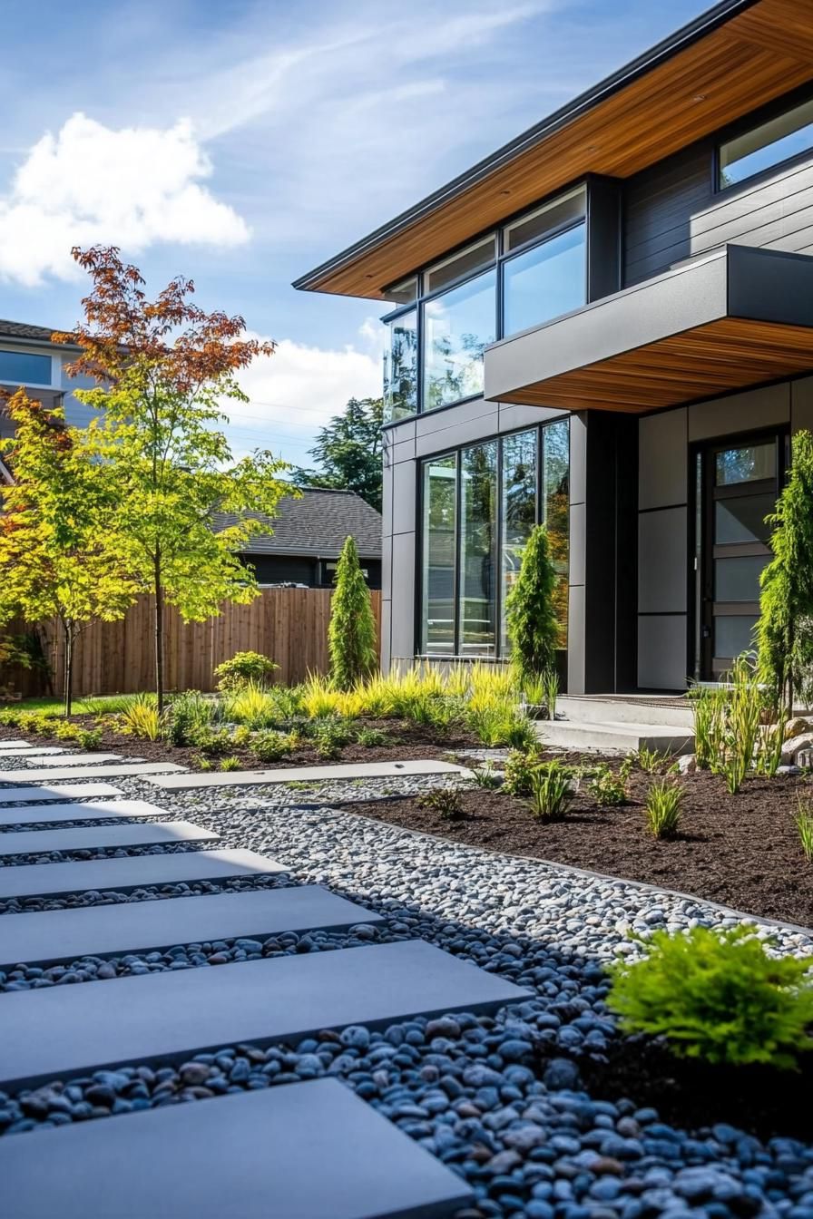 modern house front yard with permeable stones paving Scandinavian landscape 3