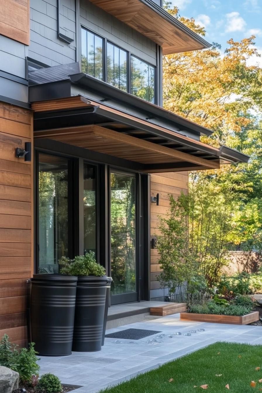 modern house facade with gutter drains going to barrels as part of exterior design