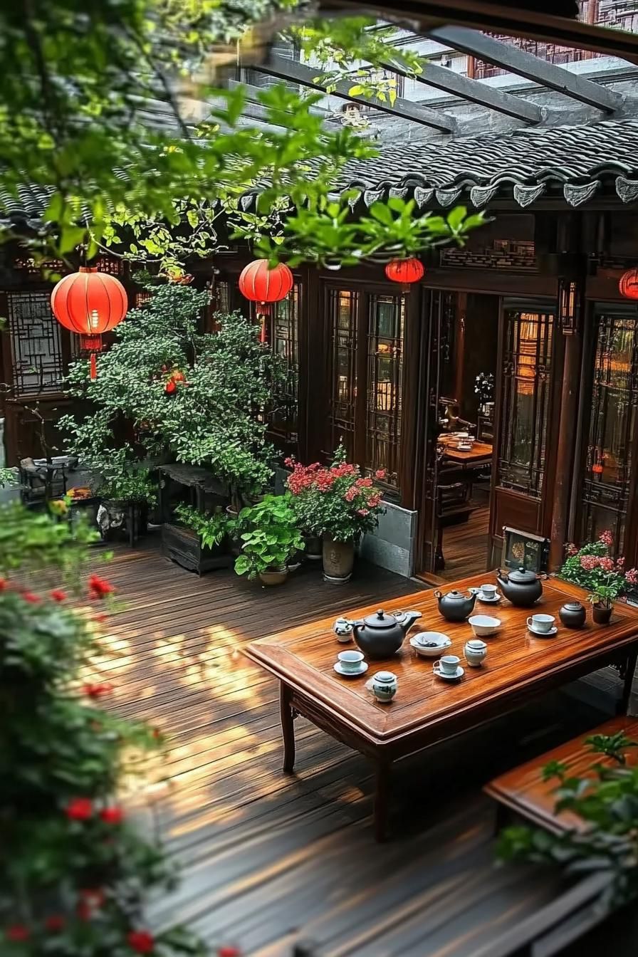 chinese house courtyard with large wooden table set with tea pots and tea cups hardwood deck there are plants and flowers roof with framed glass