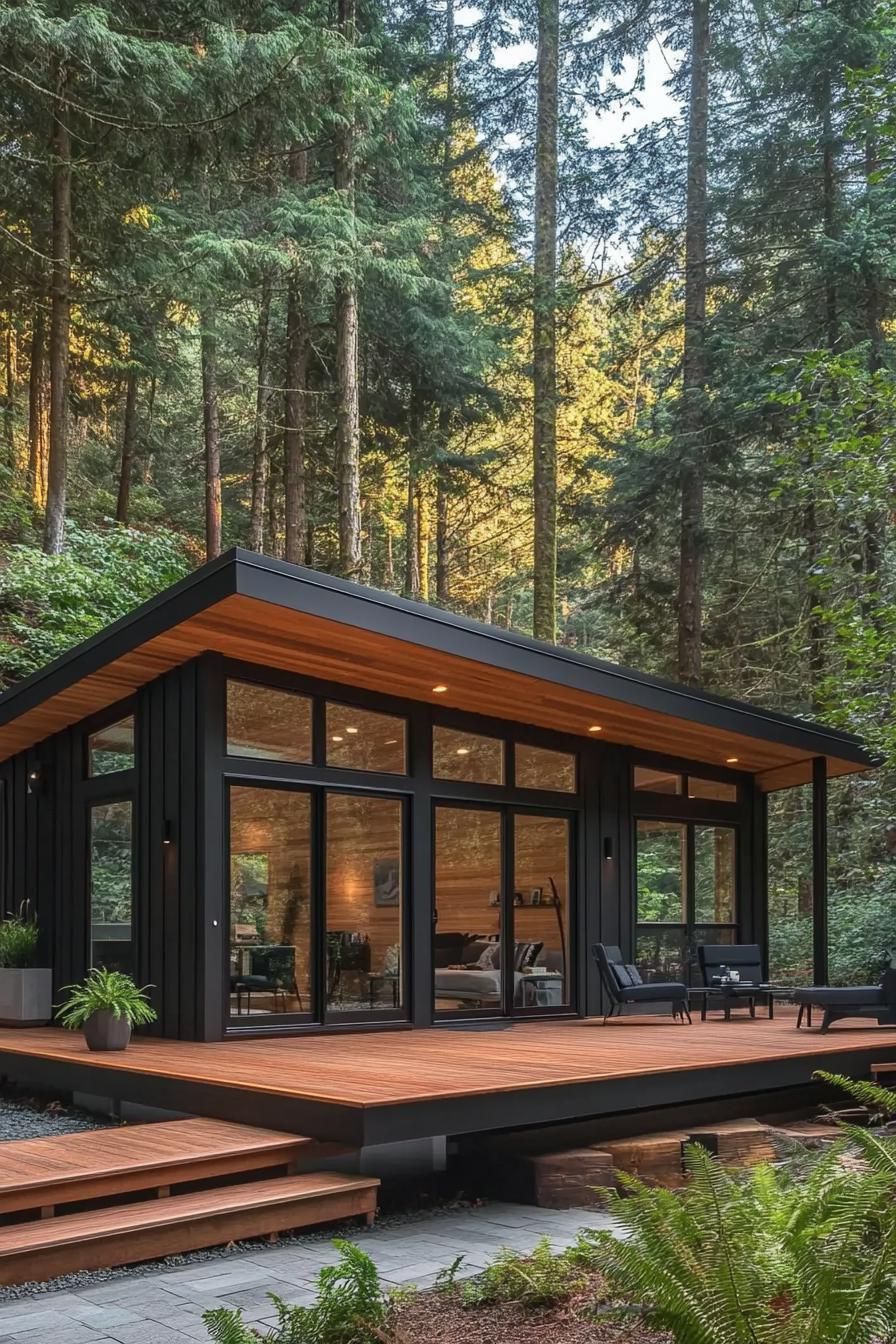 modern prefab small house facade with charcoal black shiplap siding large black trim windows flat roof extending over a wooden deck with beams and 3