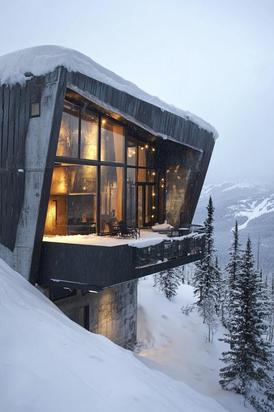 modern steel and concrete mountain house with geometric facade and snow roof in breath taking Alaskan mountains 2