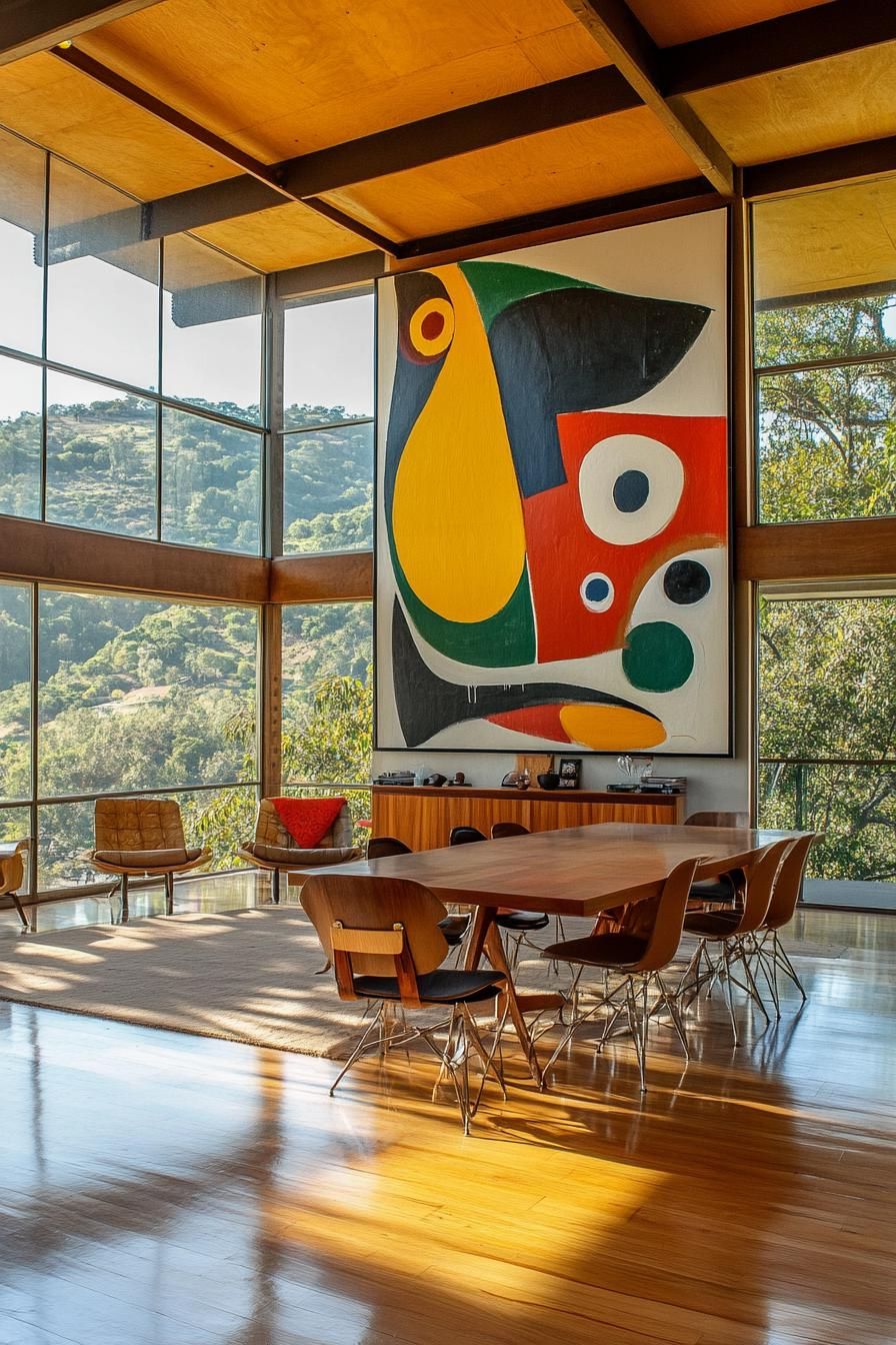 mid century modern house lofted interior with large abstract artwork wall decor and large windows overlooking green hilled valey 2