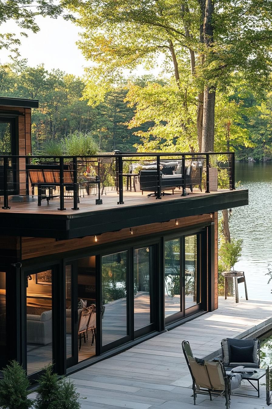 converted boathouse with rooftop deck on a beautiful lake